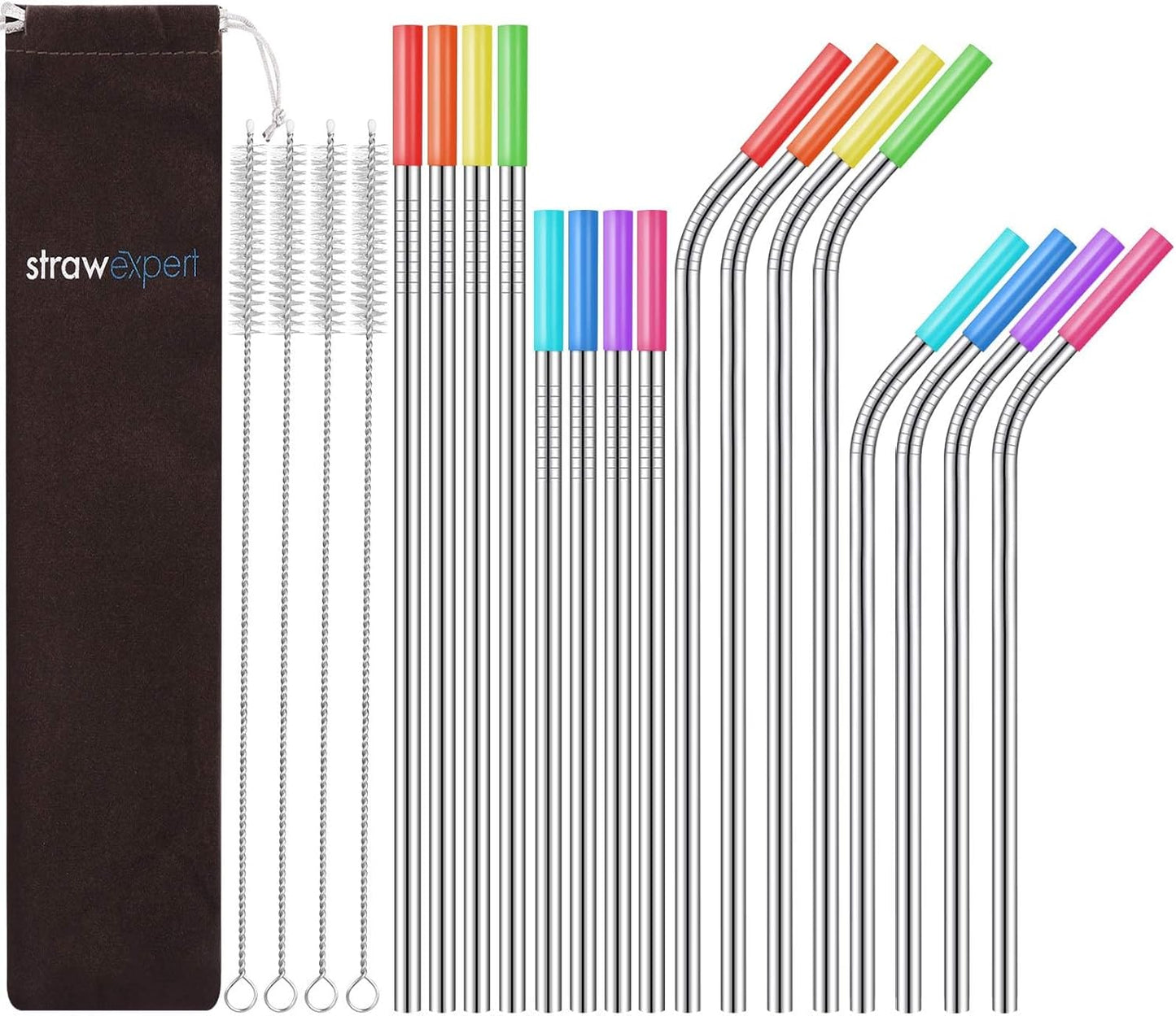 Set of 16 Reusable Stainless Steel Straws with Travel Case Cleaning Brush Silicone Tips Eco Friendly Extra Long Metal Straws Drinking for 20 24 30 Oz Tumbler