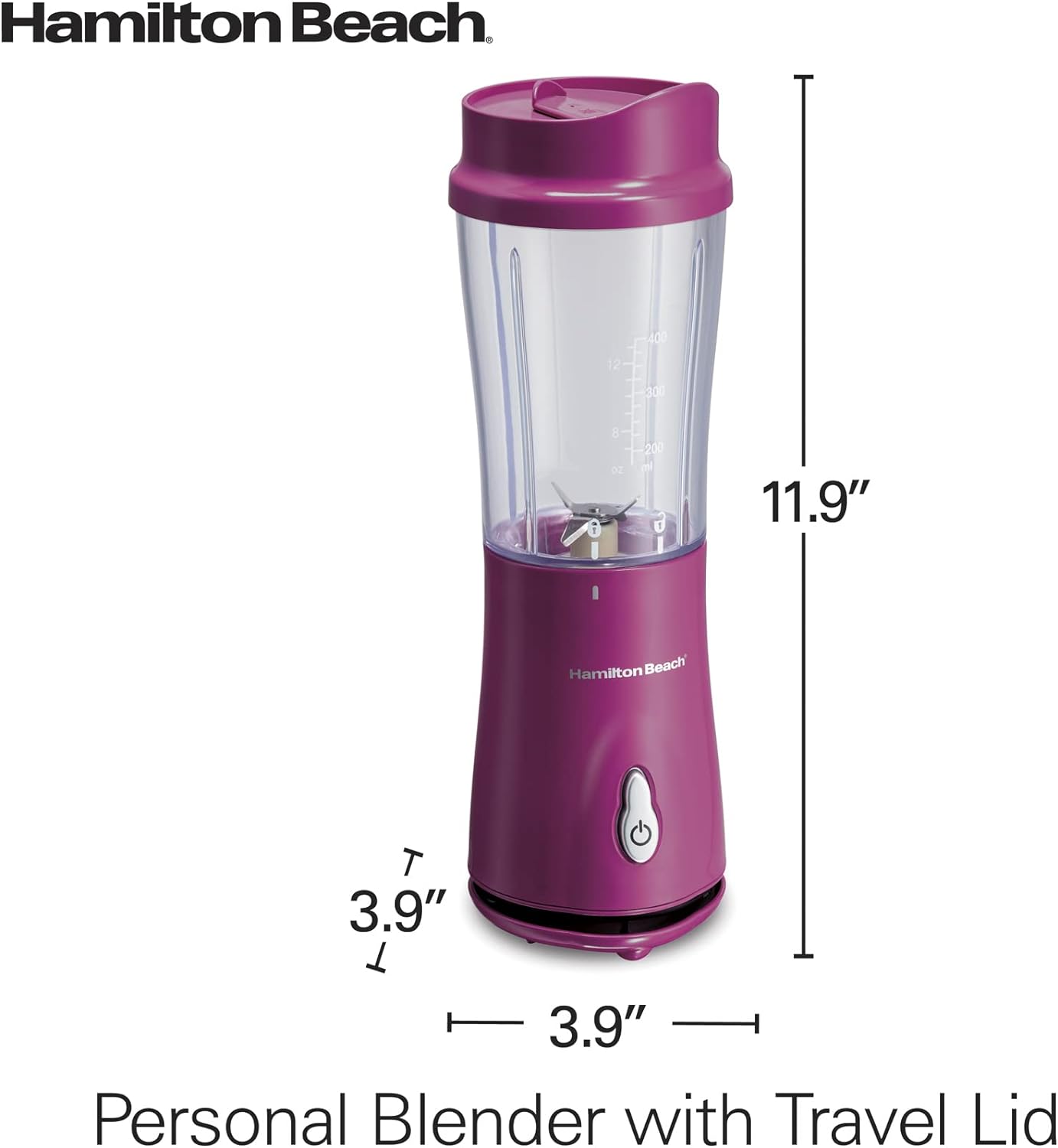 Portable Blender for Shakes and Smoothies with 14 Oz BPA Free Travel Cup and Lid, Durable Stainless Steel Blades for Powerful Blending Performance, Raspberry (51131)