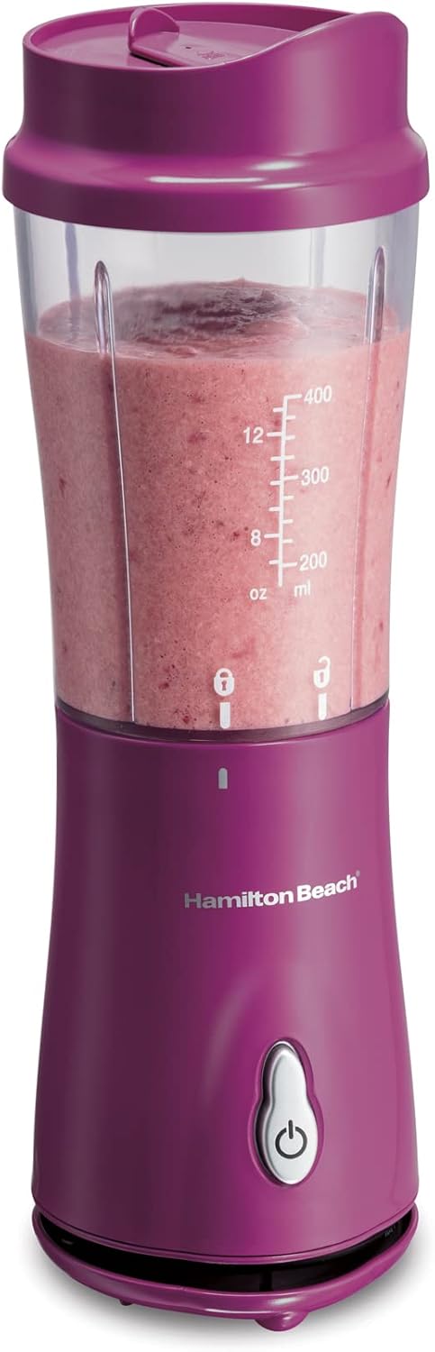 Portable Blender for Shakes and Smoothies with 14 Oz BPA Free Travel Cup and Lid, Durable Stainless Steel Blades for Powerful Blending Performance, Raspberry (51131)