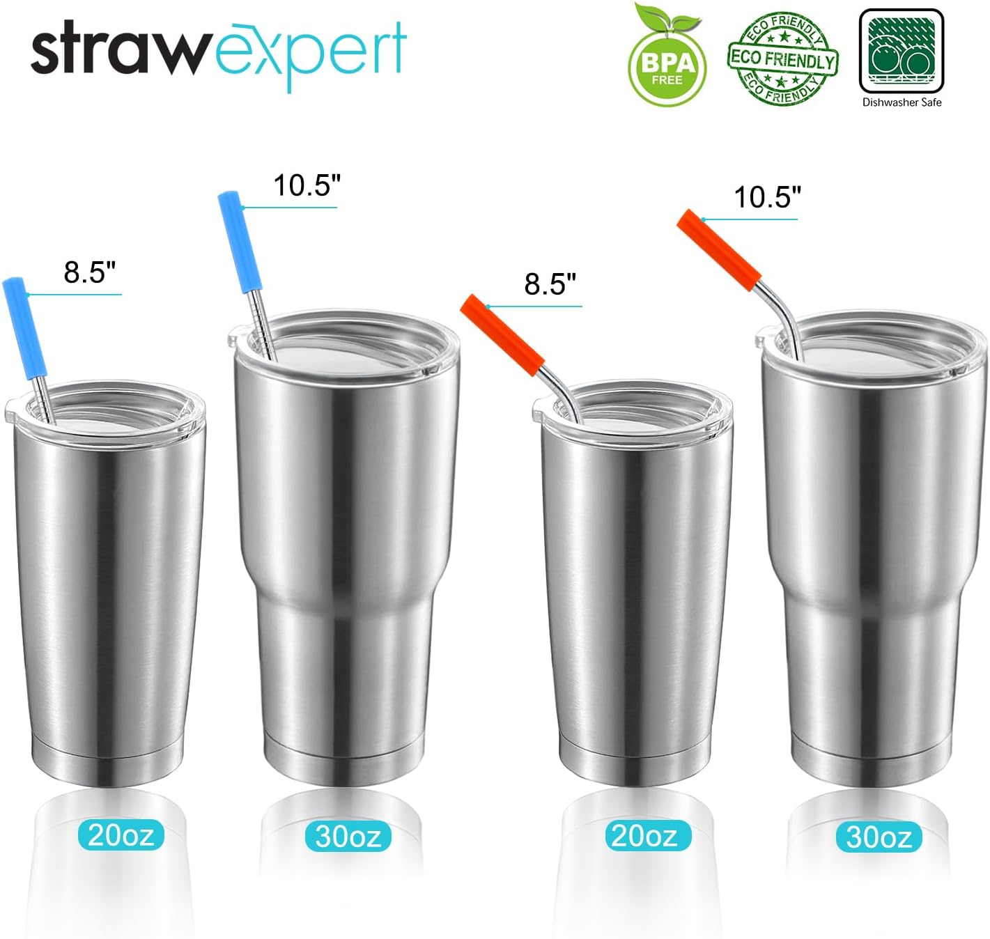 Set of 16 Reusable Stainless Steel Straws with Travel Case Cleaning Brush Silicone Tips Eco Friendly Extra Long Metal Straws Drinking for 20 24 30 Oz Tumbler