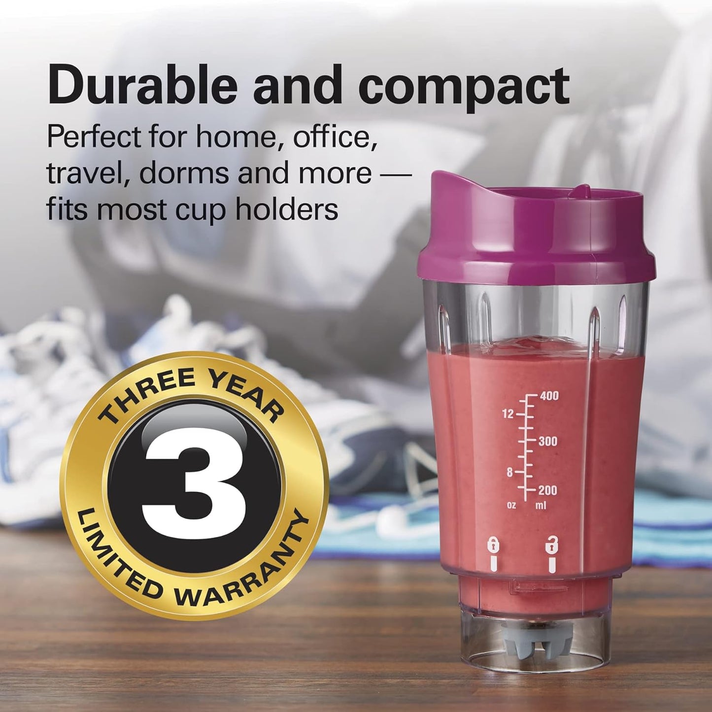 Portable Blender for Shakes and Smoothies with 14 Oz BPA Free Travel Cup and Lid, Durable Stainless Steel Blades for Powerful Blending Performance, Raspberry (51131)