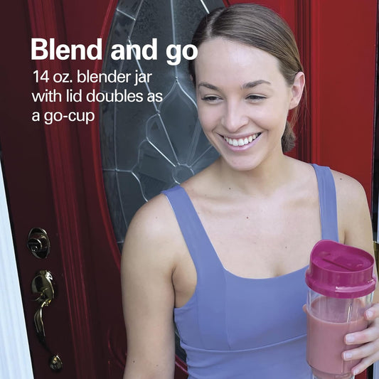 Portable Blender for Shakes and Smoothies with 14 Oz BPA Free Travel Cup and Lid, Durable Stainless Steel Blades for Powerful Blending Performance, Raspberry (51131)