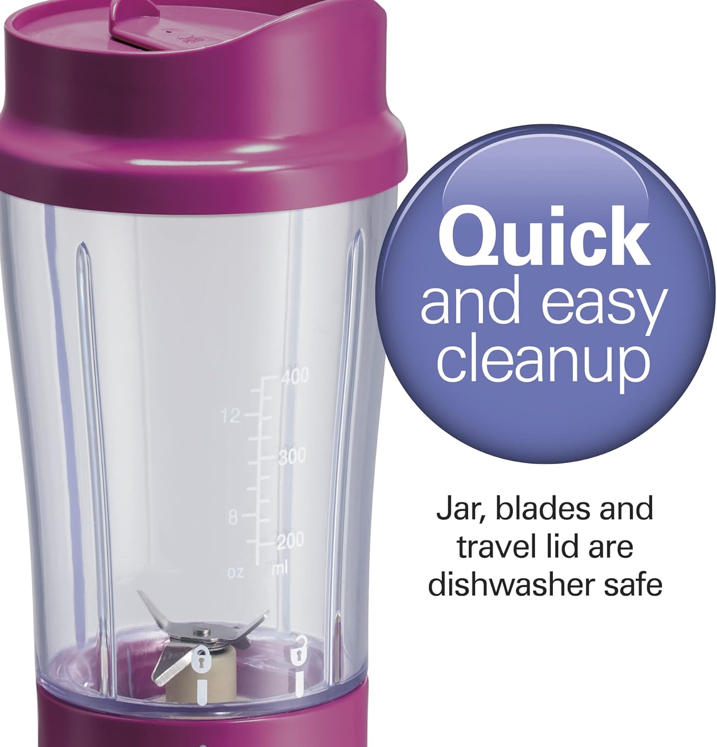 Portable Blender for Shakes and Smoothies with 14 Oz BPA Free Travel Cup and Lid, Durable Stainless Steel Blades for Powerful Blending Performance, Raspberry (51131)