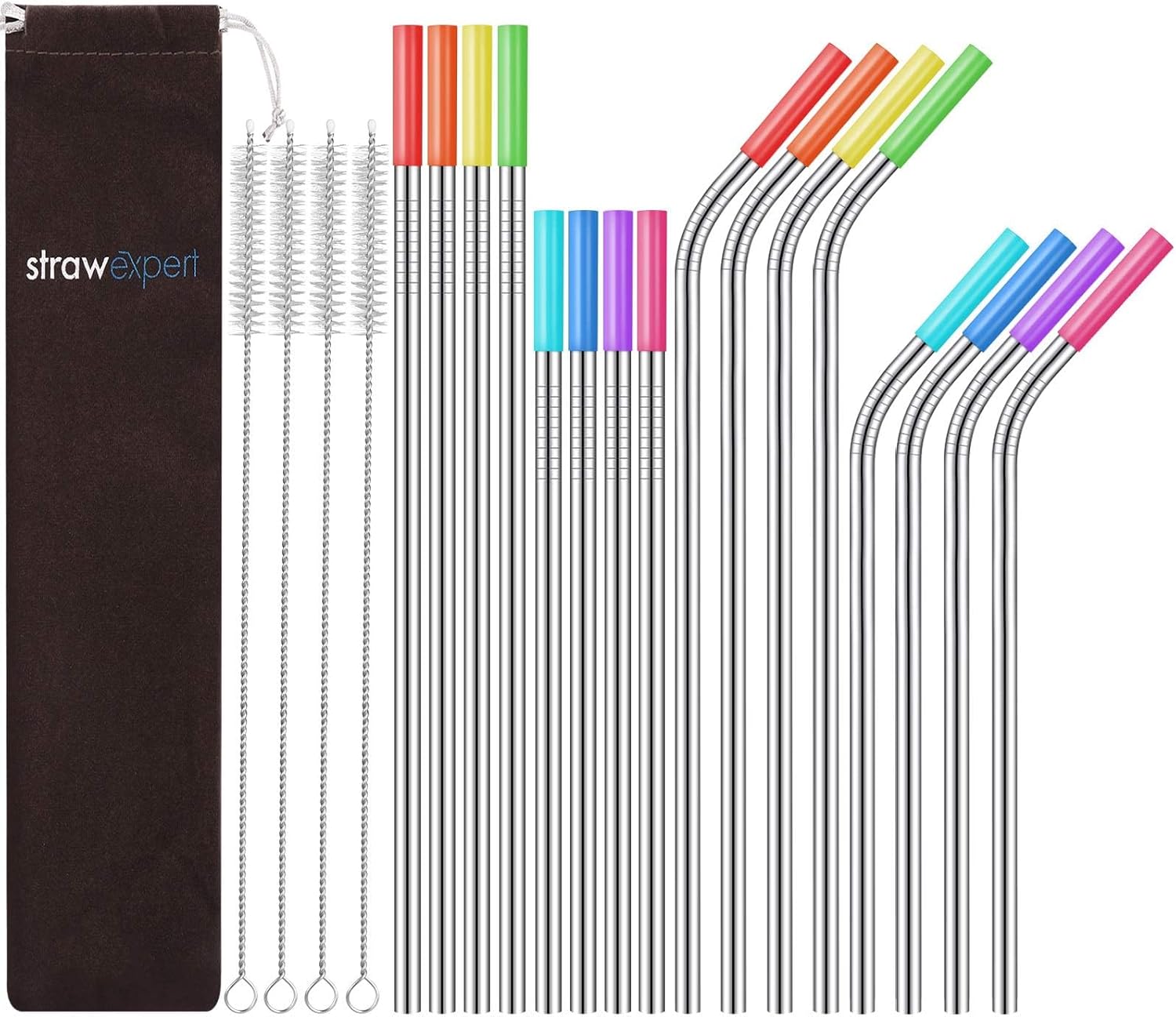 Set of 16 Reusable Stainless Steel Straws with Travel Case Cleaning Brush Silicone Tips Eco Friendly Extra Long Metal Straws Drinking for 20 24 30 Oz Tumbler