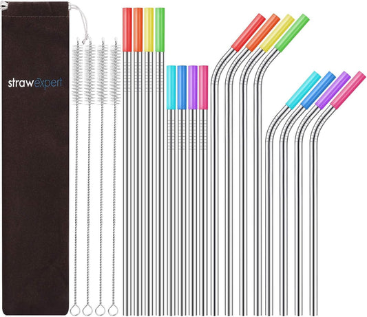 Set of 16 Reusable Stainless Steel Straws with Travel Case Cleaning Brush Silicone Tips Eco Friendly Extra Long Metal Straws Drinking for 20 24 30 Oz Tumbler